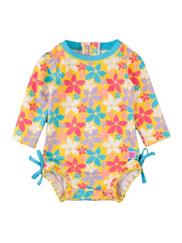 Image of RuffleButts Baby Girls UPF 50+ Sun Protection Floral Printed Long Sleeve One Piece Rash Guard Swimsuit with Zipper