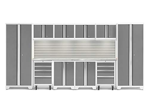 &lrm;&lrm;NewAge Products Garage Storage Cabinet Bold 12 PC Set White (2 Locker Cabinets, 4 Wall Cabinet, 2X 2-Door Base Cabinets, 2 Rolling Tool Cabinet, 2 Worktop, Backsplash, LED Lights), 56922