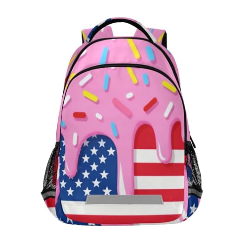 Image of Ice Cream Drips Usa Flag Backpacks with Chest Strap,Lightweight Bookbags 17 Inch, Casual Daypack Bags