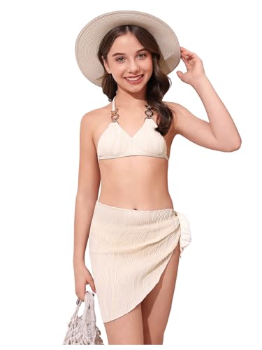 Image of SweatyRocks Girl's 3 Piece Swimsuit Textured Halter Bikini Set with Beach Cover Up Skirt Swimwear