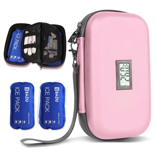 Insulin Cooler Travel Case TSA Approved Refrigerated Medicine Organizer Bag with Thermometer Temperature Display Keep Medicine Cool Include 2 Ice Packs for Diabetic (Pink)