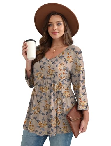 Image of OFEEFAN 3 /4 Length Sleeve Womens Tops 2026 Blouses for Women Dressy Casual Fashion Clothing V Neck Babydoll Tops Fall Outfits