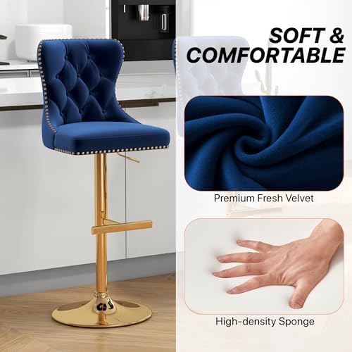 GOOLON Bar Stools Set of 2, Velvet Swivel Counter Height Stools with Tufted Back, Adjustable Seat with Nailheads Trim, Upholstered Bar Chairs with Gold Base for Kitchen Island, Pub, Blue - 3