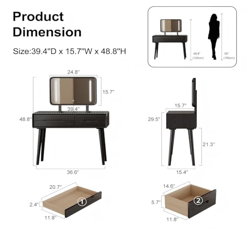 Image of KungFuWood 40 inch Solid Wood Makeup Vanity Desk with 3 Lighting Modes Color Dimmable LED Mirror, 3 Drawers Storage Vanity Table, Dressing Table for Bedroom, Black。
