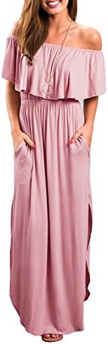 LILBETTER Womens Off The Shoulder Empire Waist Maxi Dresses Long Dresses with Pockets (Dusty Pink Medium)