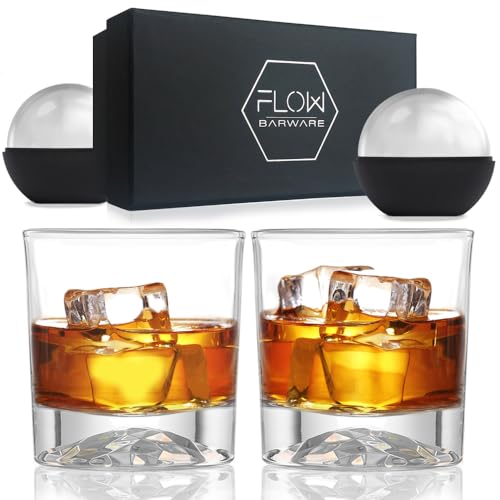 FLOW Barware Set di 2 bicchieri da whisky con base montana, un set regalo di bicchieri da whisky. Bicchieri tumbler pesanti per Scotch, Bourbon, Negroni, Rum | Include stampi per sfere di ghiaccio.
