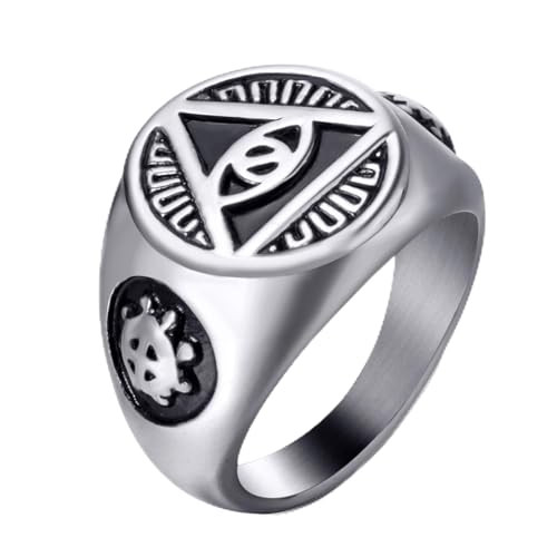 ELFASIO Men Stainless Steel Rings Illuminati The All-Seeing-Eye Pyramid/Eye Symbol Ring Size 7