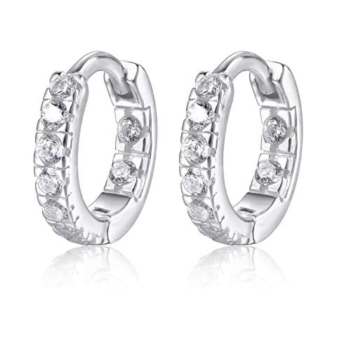 Tiny CZ Huggie Hoops | 925 Sterling Silver Hinged Clicker Earrings | Second Hole Earlobe Cartilage Conch Helix Piercing Hoop | Gift for Her, Sterling Silver, Cubic Zirconia Cover