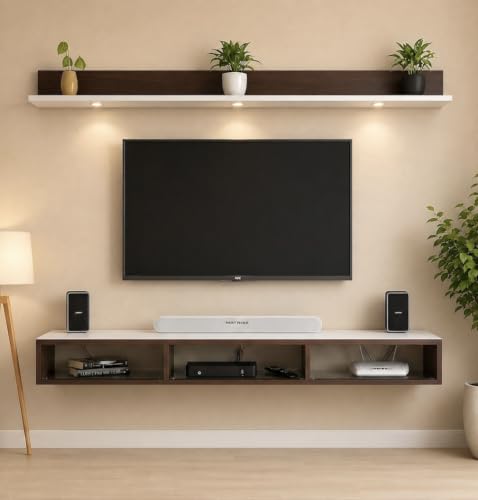 Image of Bros Moon Wall Mounted TV Cabinet Parallel Rooftop Model, Choco White, pre-Laminated, Wood, for Living Room, Suits TV up to 55 Inches (Choco White, Rooftop 48 Inches Base with Light)