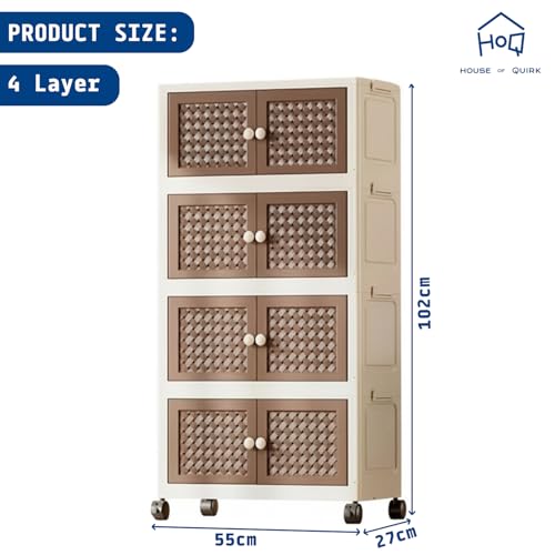 Image of House of Quirk Rattan Design Foldable Storage Box with Wheels, Stackable Storage Bins with Lid, Multi-Purpose Organizer, Space-Saving Storage Cabinet for Home (Cream /Brown, 4 Layer)