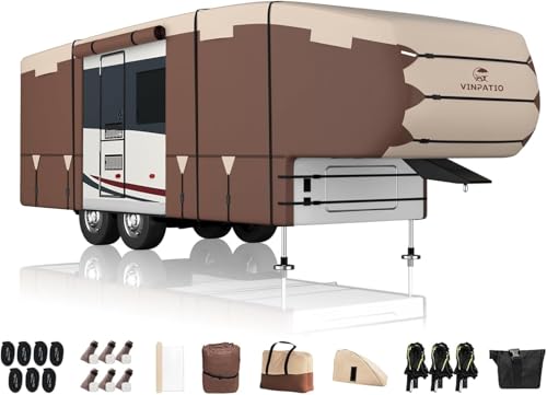 Image of 5th Wheel Cover: Fits 28'-31' RV, 300D Oxford Fabric Two Color Design, Heavy Duty 5th Wheel RV Cover Anti-UV Waterproof Windproof, with Gutter Cover & 2 Pcs Extra Straps