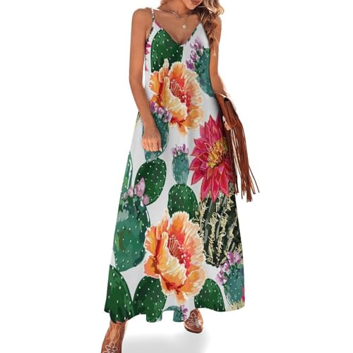 Robe longue fleurs cactus avec imprimé bohème et coupe sans manches maxi pour femme