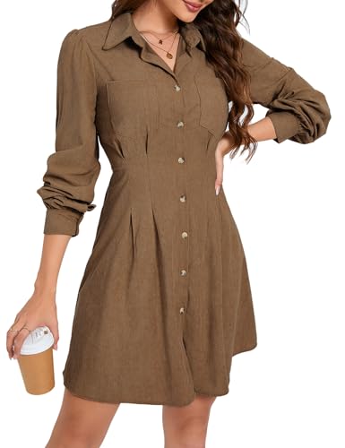 KOJOOIN Blusenkleid Damen Langarm Corduroy Hemdkleid A-Linien Tunika Kleid Minilänge Cordkleid mit Tasche und Knopfleiste Braun M