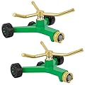 [2 Pack] RESTMO 3-Arm Metal Sprinkler with Wheel Base, 360 Degree Automatic Rotary Lawn Sprinkler System for Garden Plant, Flower Bed and Yard Watering and Large Yard Area Watering