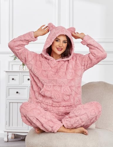 Women's Fleece Pajama Set Hooded Long Sleeve Pjs Ultra-Warm Cozy Winter Sleepwear4