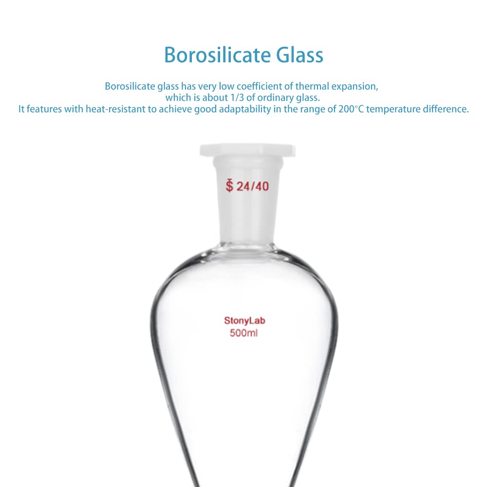 stonylab Scheidetrichter Glas, 500 ml Separatorentrichter mit PTFE-Absperrhahn Konischer Birnenförmiger Schwerwandiger Borosilikatglas Trenntrichter mit 24/40 Fugen