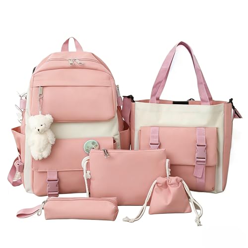 Kit 5 Bolsa Mochila Femina Musculina De Nylon adequado Para Escola Multiuso (Rosa【Estilo Escolar】)