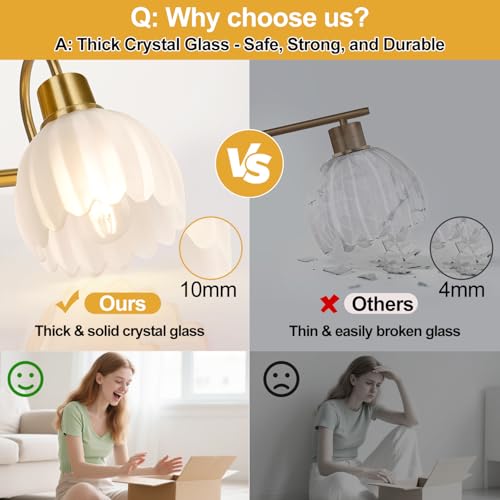 Image of 3-Light Bathroom Vanity Light, 20 inch Brushed Gold Bathroom Light Fixtures with Ribbed Frosted Clear Tulip Glass Shade, Vanity Lighting Fixtures Over Mirror for Bedroom Living Room Hallway
