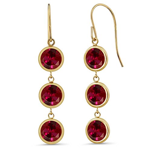 Gem Stone King 14K Yellow Gold Red Created Ruby Dangle Long 3-Sto...