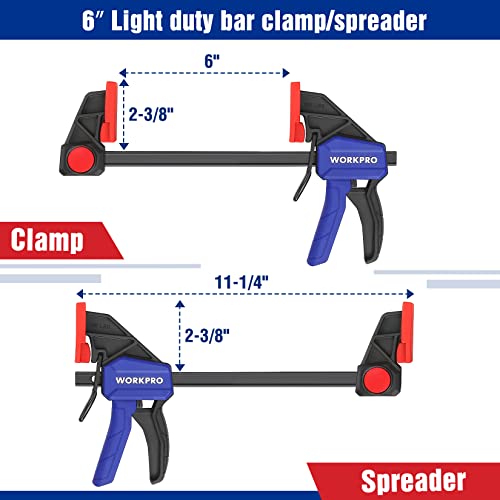 WORKPRO Mini Bar Clamps for Woodworking, 6"(2) and 4-1/2"(2), 4-Piece One-Handed Clamp/Spreader, Light-Duty Quick-Change F Clamp with 150lbs Load Limit Blue by WORKPRO - Image 2