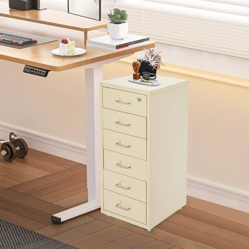 Image of 6 Drawer Vertical File Cabinet, Filing Cabinets for Home Office, Metal File Storage Cabinet with Lock & Wheels, Small Locking File Cabinet with Drawers for Letter /Legal /F4 /A4 (Beige)