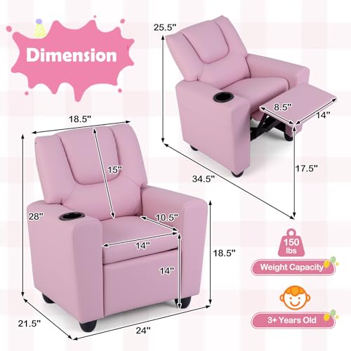 Image of Kids Recliner, Toddler Lounge Chair w /Cup Holder, Wide Armrest, Kids Sofa w /Adjustable Footrest, Comfy Toddler Recliner Chair for for Boys & Girls 3 + (PU, Pink)