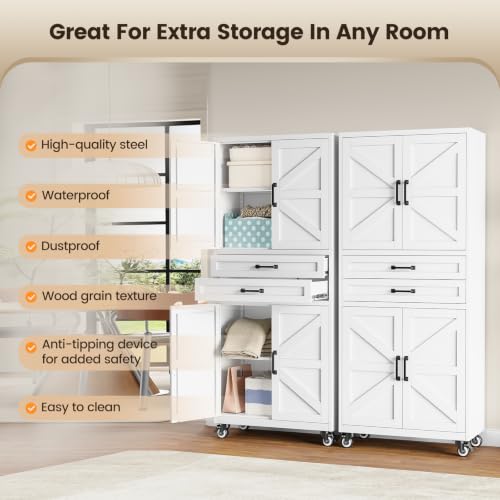 Image of White Metal Garage Storage Cabinet Rolling Kitchen Storage Pantry Cabinet