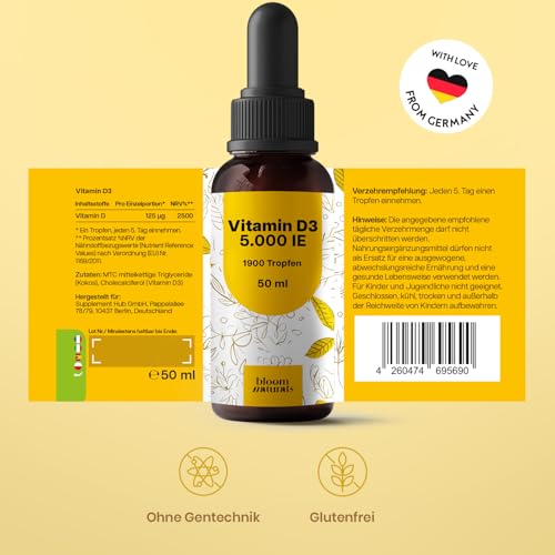 Vitamin D3 Tropfen Hochdosiert 5000 IE - 1900 Tropfen - 50ml - Geschmacksneutral - Laborgeprüft & produziert in Deutschland - Verpackung kann variieren