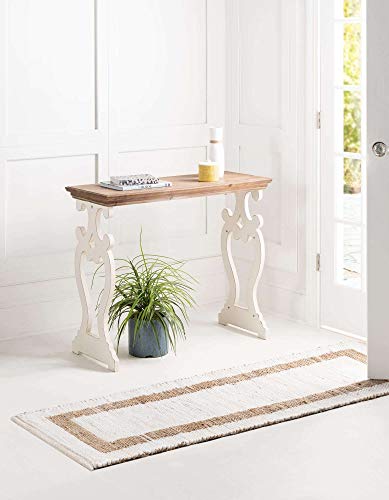Image of Unique Loom Chindi Jute Collection Casual, Modern, Bohemian, Border Area Rug (2' 2 x 6' 0 Runner, White /Natural)