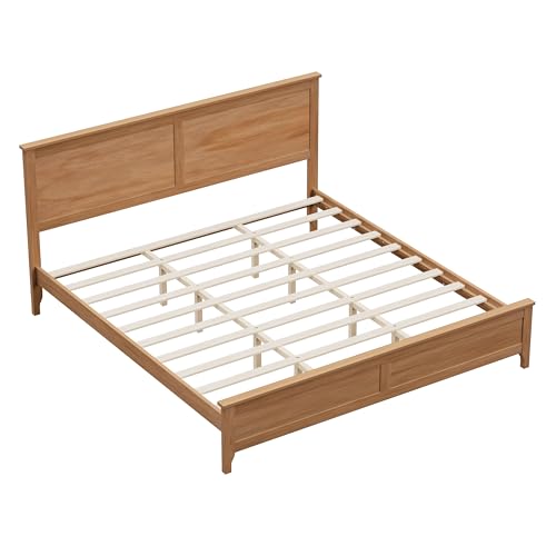 Image of Harper & Bright Designs Modern Farmhouse Platform King Bed Frame, Solid Wood Platform Bed Frame with Headboard, Sturdy Wooden Foundation with Wood Slats for Living Room, Seadrift