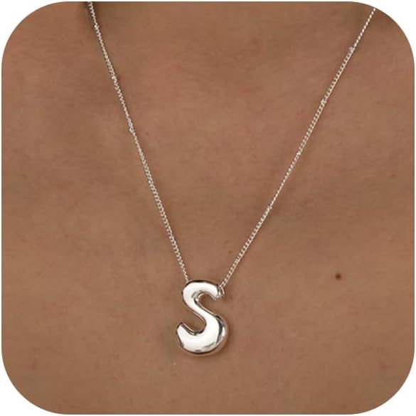Bheop Initial Necklace for Women, Gold Silver A-Z Bubble Letter Necklace