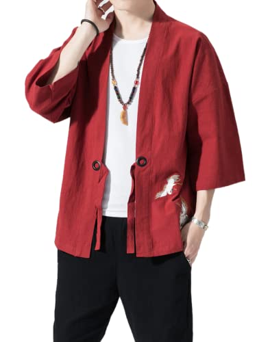 Image of Men's Japanese Kimono Cardigan Loose Cotton Linen 3 /4 Sleeve Open Front Casual Summer Shirt Jackets