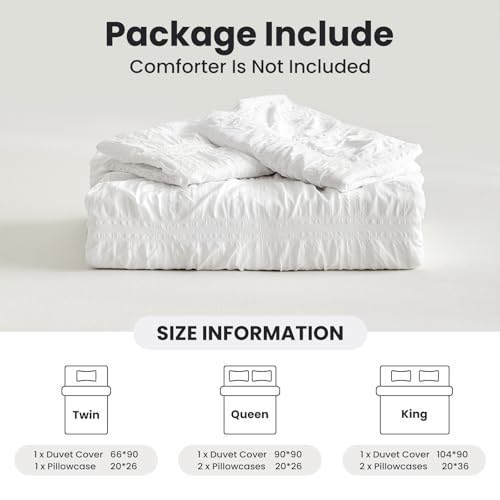 WARMDERN Seersucker Duvet Cover Set Queen Size, Grid Pattern Textured White Duvet Cover, 3pcs Soft Breathable Microfiber Bedding Duvet Cover Set with Zipper Closure & Corner Ties(White, Queen, 90x90) by WARMDERN - Image 7