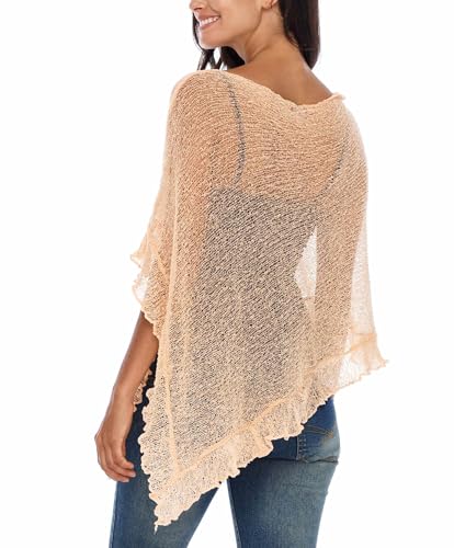 Image of SHU-SHI Women's Sheer Knit Poncho Shrug Lightweight Asymmetrical Ruffle Wrap Dressy Summer Shawl Cover Up Top