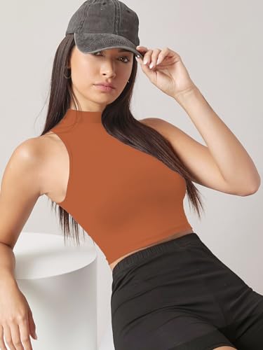 Image of Sugathari Women's & Girls' Solid Ribbed High Neck Sleeveless Crop Tops for Women (Top 37)