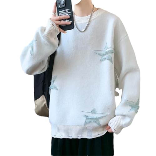 Men Winter Star Printed Sweater Thick Warm Mens Pullovers Casual Loose Jumper Beige 24505 3XL