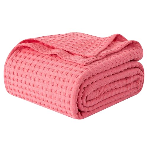 Image of Elegant Comfort Premium 100% Cotton Waffle Blanket - Lightweight Breathable Waffle Weave Bed Blanket - Soft and Warm All Season Blanket for Couch, Sofa and Bed, King Size 90x108 Inches, Coral