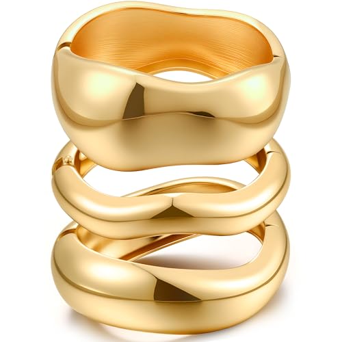Chunky Gold Bangle Bracelets for Women 14k Gold Plated Dainty Cuff Stackable Bangles Set Trendy Bracelet Stack Fashion Jewelry Gifts