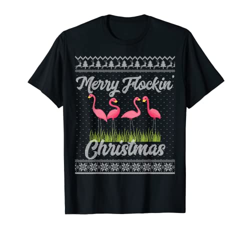 Flamingo Christmas Funny Pun Merry Flockin Fiesta de vacaciones Camiseta