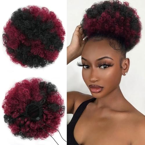 quesdom Afro Puff Ponytail Extension Synthetic Premium Black to Burgundy 80 Grams Afro Puff Drawstring Clip on Kinky Curly Bun for Black Women(T1BHbug,Black to Burgundy)