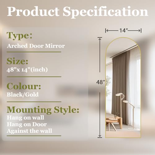 Image of BEAUTYPEAK Arched Full Length Over The Door Mirror 14 inch x 48 inch, Shatterproof Tempered Glass and Aluminum Alloy Frame, No-Drilling Hanging or Wall Mount, Full Body Mirror for Bedroom, Dorm, Gold