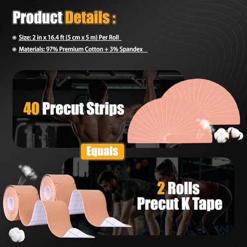Kinesiology Tape Precut 2 Rolls K Tape, Physio Tape 40 Count 10" Precut Strips, Elastic Kinesiology Athletic Tape for Muscle Support & Sports Injury - Beige