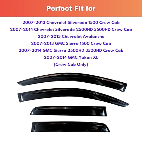 Image of KPY Rain Guards Fit for 2007-2013 Chevrolet Silverado /GMC Sierra 1500 /Avalanche Crew Cab, Out-Channel Window Visor Vent Wind Deflector, 2007-2014 Chevy Silverado /Sierra 2500HD 3500HD /Suburban /Yukon XL