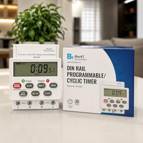 Image of BlackT Electrotech BT41D5 Digital Timer Switch 30A, 230V | Programmable Timer with 24 ON /Off Programs, Cyclic & Manual Start /Stop Delay | for Geyser, Water Pump, Lights, and Motors