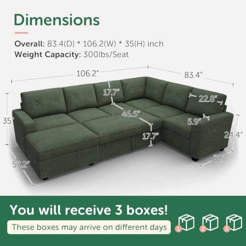 Image of HONBAY Corduroy Sectional Sleeper Sofa with Pull Out Bed, 7 Seaters 106 Inch U Shaped Setional Couch for Living Room, Green