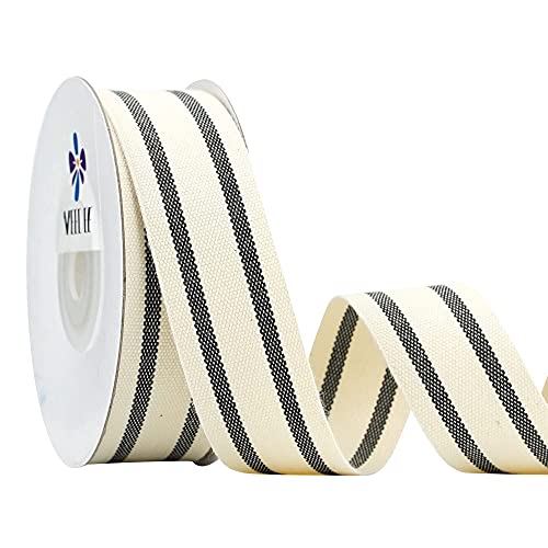 MEEDEE Natural Cotton Stripes Fabric Ribbon 1 inch Black and White Stripe Ribbon for DIY Crafts, Gift Wrapping Home Decor Sewing (10 Yards)