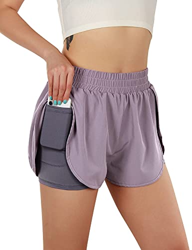 Blooming Jelly Womens 2 in I Running Shorts High Waist Sporty Athletic Workout Shorts with Pockets (Medium, Lavender)