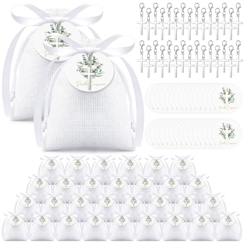 Otuuz 50 Sets Bomboniere Santa Cresima, Etichetta Regalo con Nastro Bianco, Portachiavi a Croce, Sacchetto Bianco, Regalo Bomboniere per Cresima, Comunione, Battesimo, Neonato, Nozze