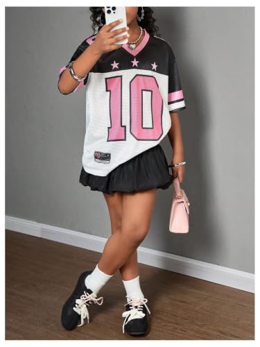 Image of RoseSeek Girl's Oversized T Shirts Letter Number Mesh Jersey Tops Short Sleeve V Neck Drop Shoulder Tees