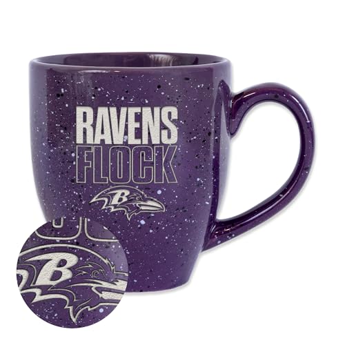 Rico Industries NFL Football Baltimore Ravens Ravens Flock 16 oz Team Color Laser Engraved Speckled Ceramic Coffee Mug
